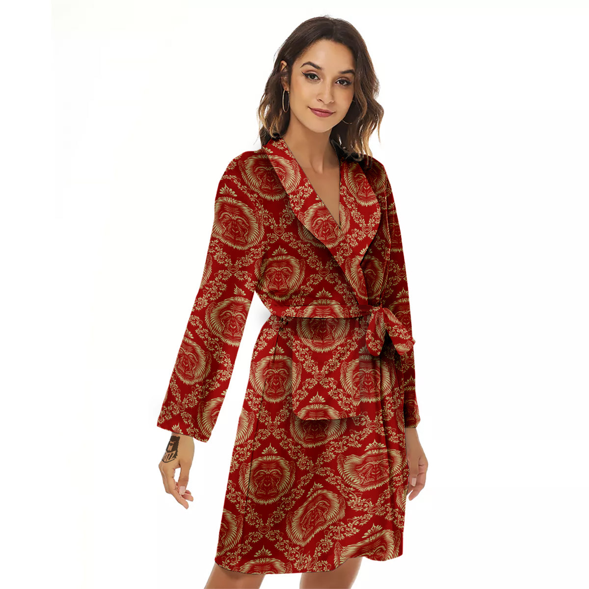 Monkey Head Floral Ornament Print Pattern Women's Robe-grizzshop