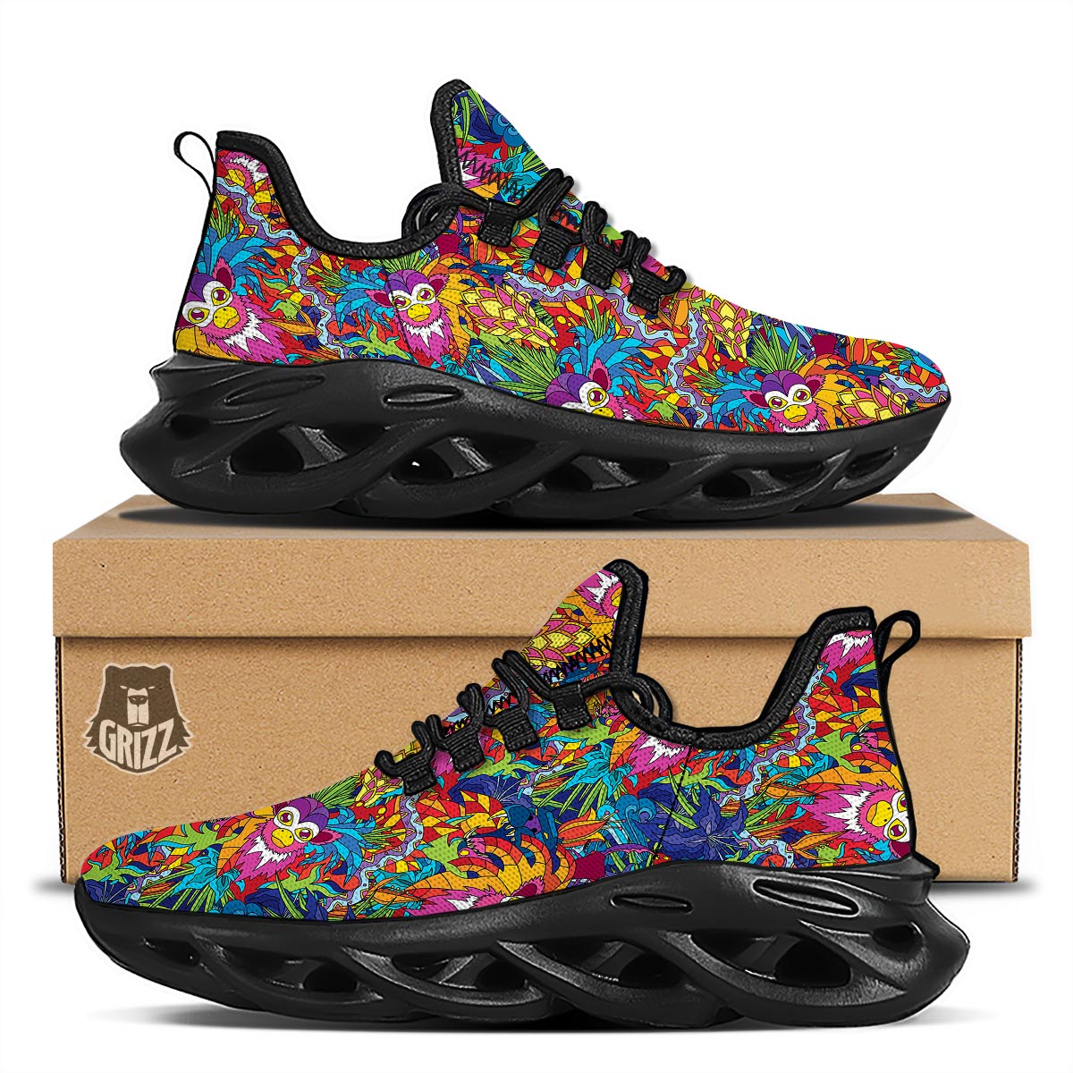 Monkey Trippy Psychedelic Black Running Shoes-grizzshop