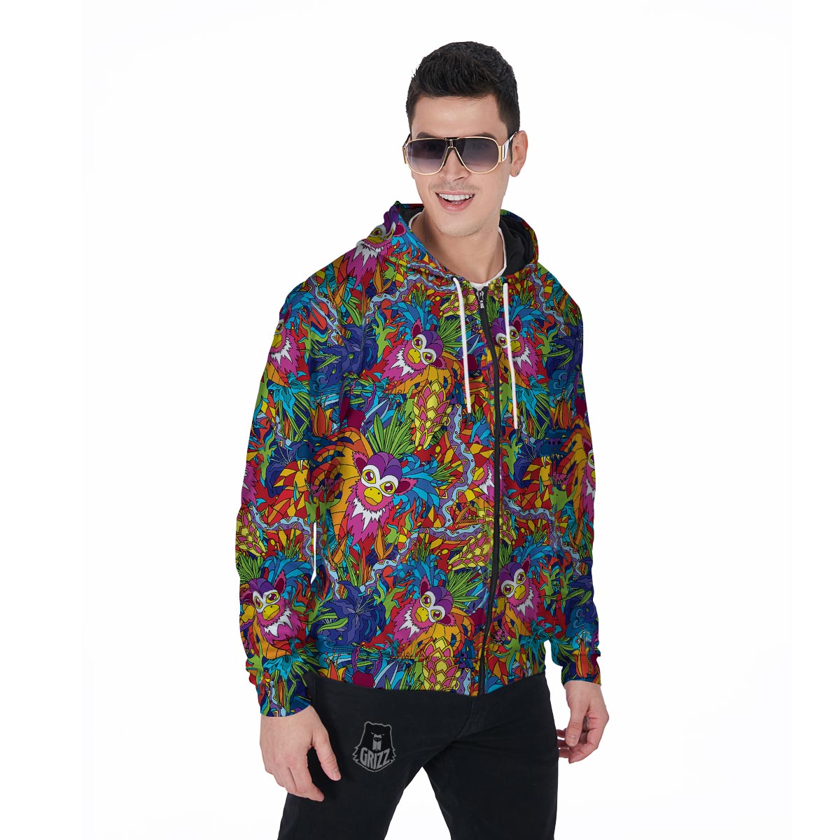 Monkey Trippy Psychedelic Men's Zip Up Hoodie-grizzshop