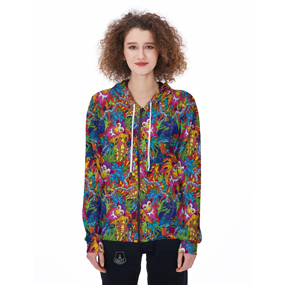 Monkey Trippy Psychedelic Women's Zip Up Hoodie-grizzshop