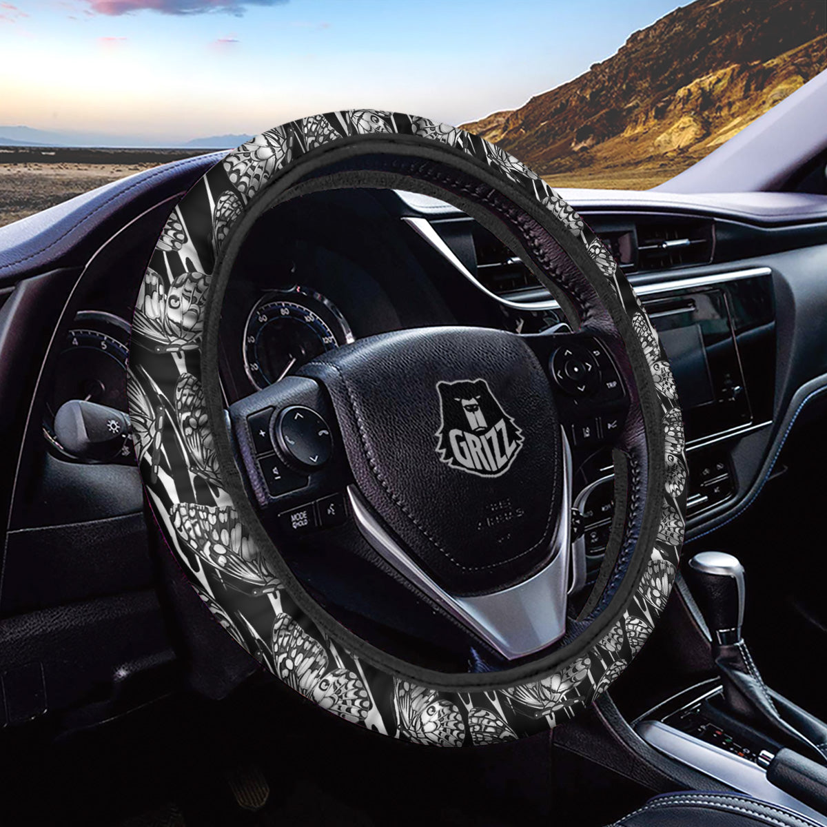 Monochrom Butterfly Print Pattern Car Steering Wheel Cover-grizzshop