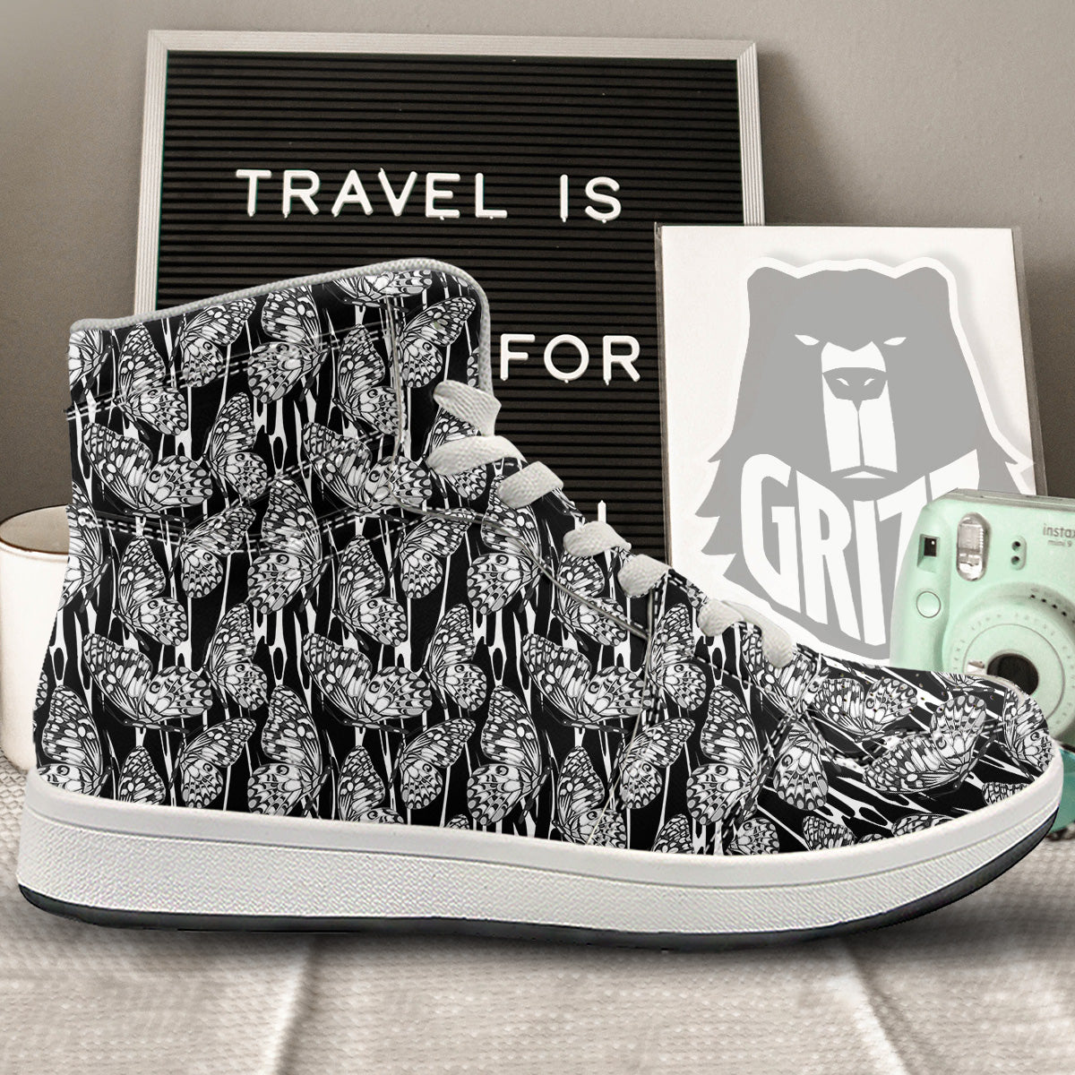 Monochrom Butterfly Print Pattern High Top Sneakers-grizzshop