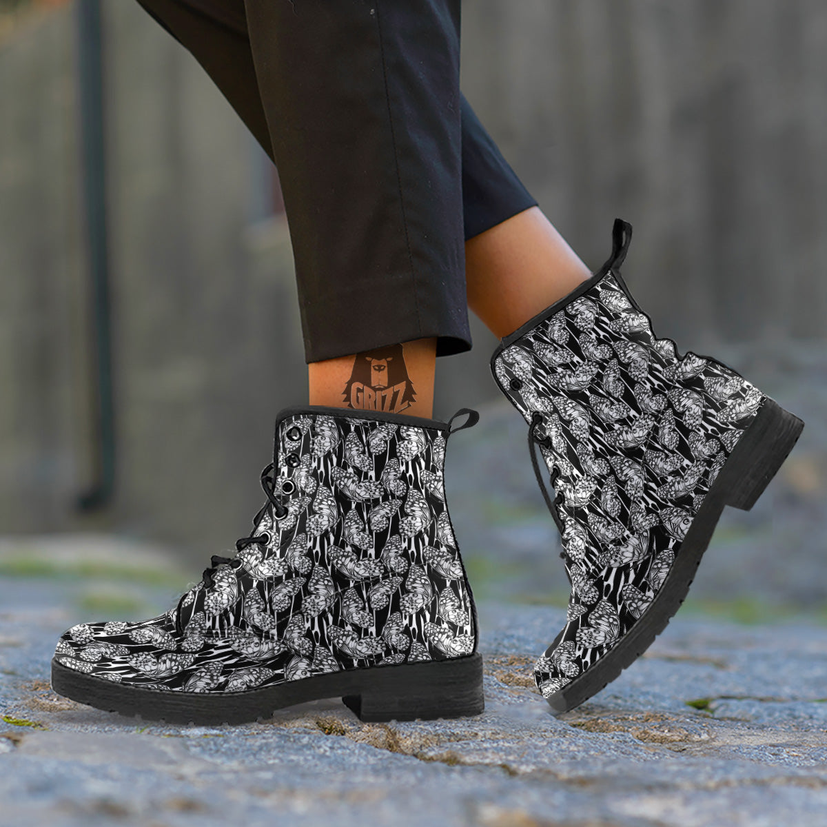 Monochrom Butterfly Print Pattern Leather Boots-grizzshop