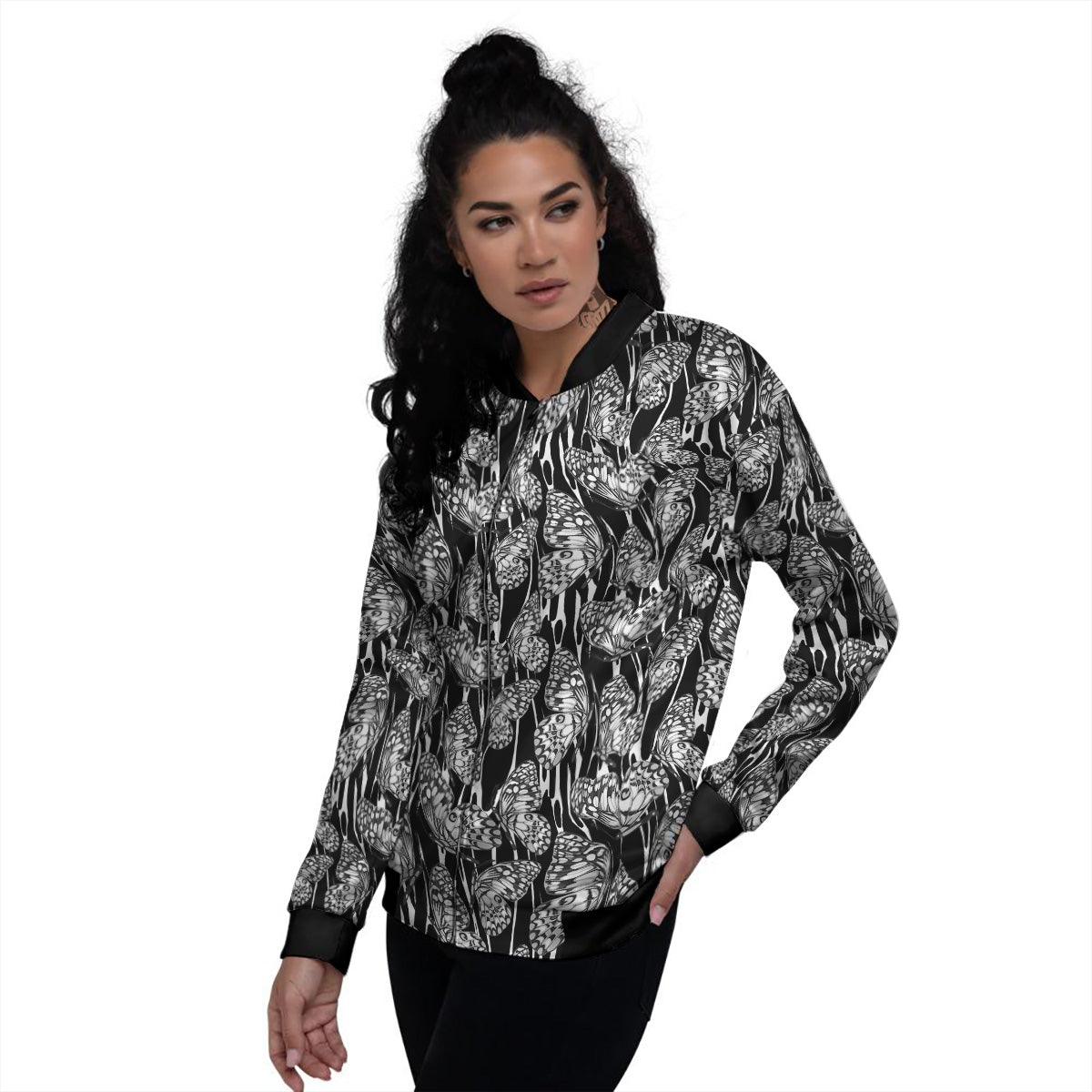 Monochrom Butterfly Print Pattern Women's Bomber Jacket-grizzshop