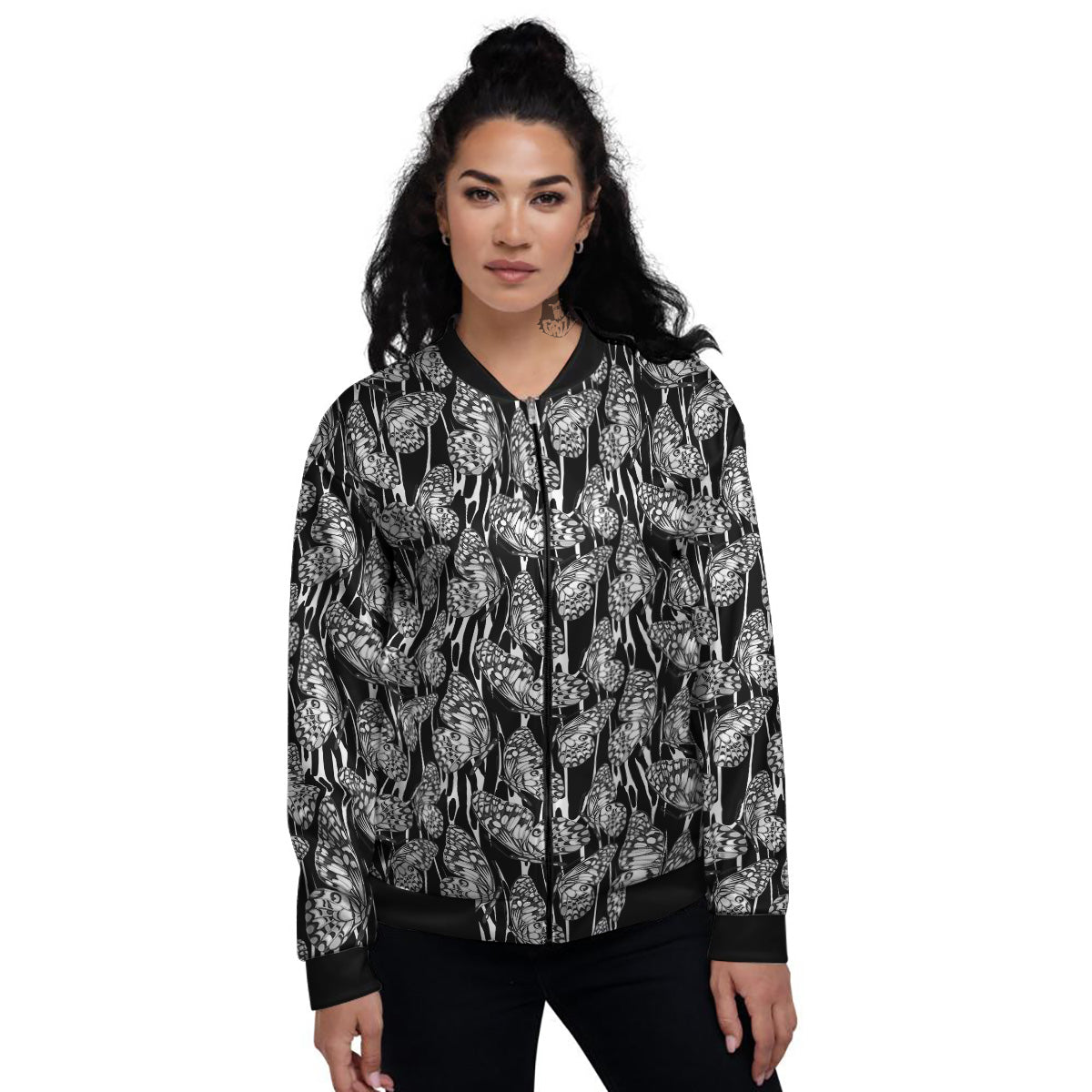 Monochrom Butterfly Print Pattern Women's Bomber Jacket-grizzshop