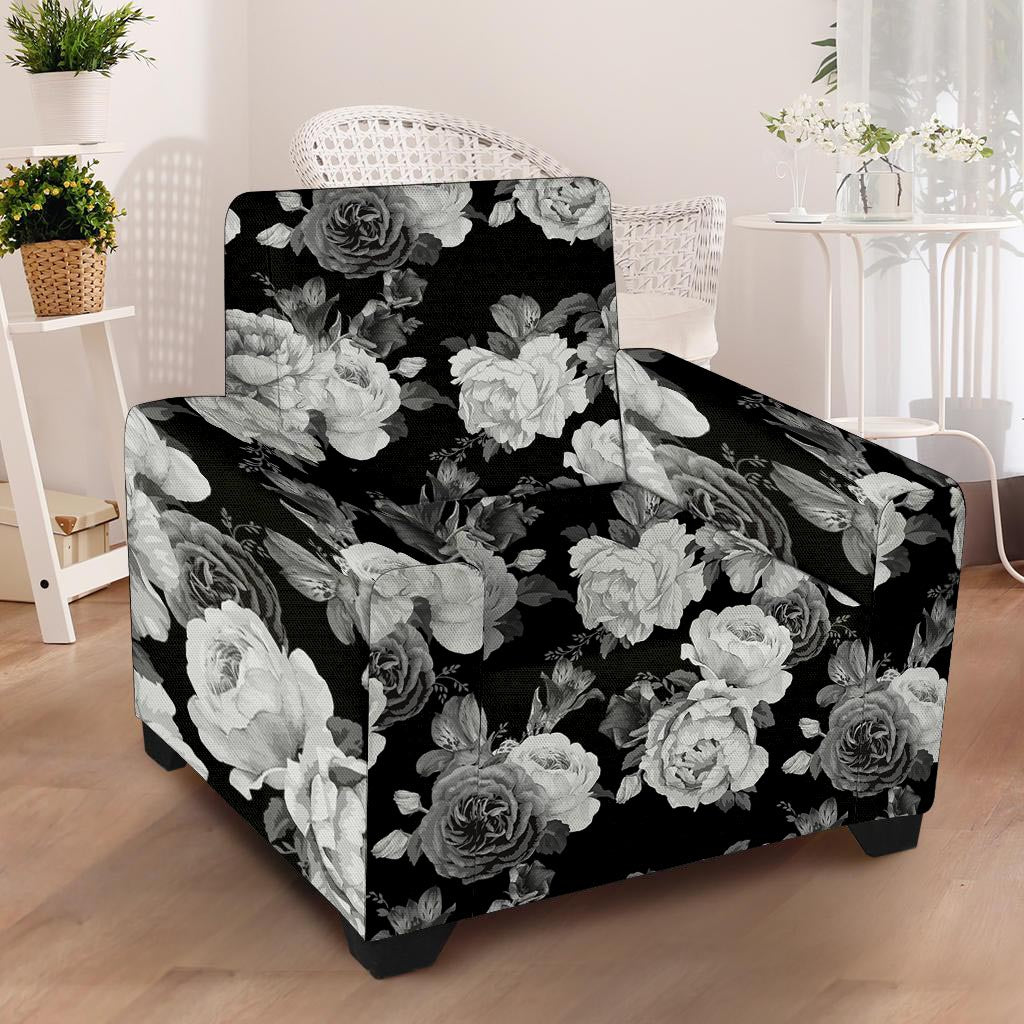 Monochrome Rose Floral Armchair Cover-grizzshop