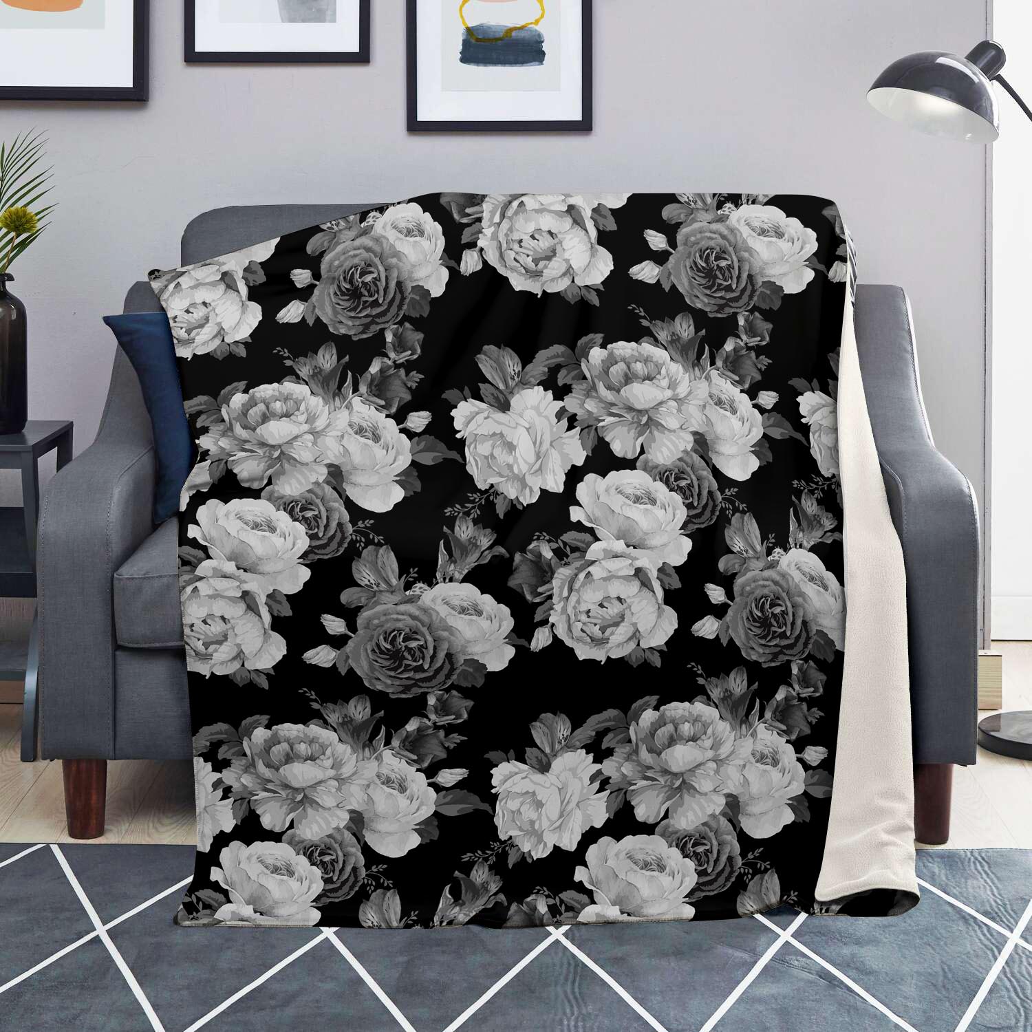 Monochrome Rose Floral Blanket-grizzshop