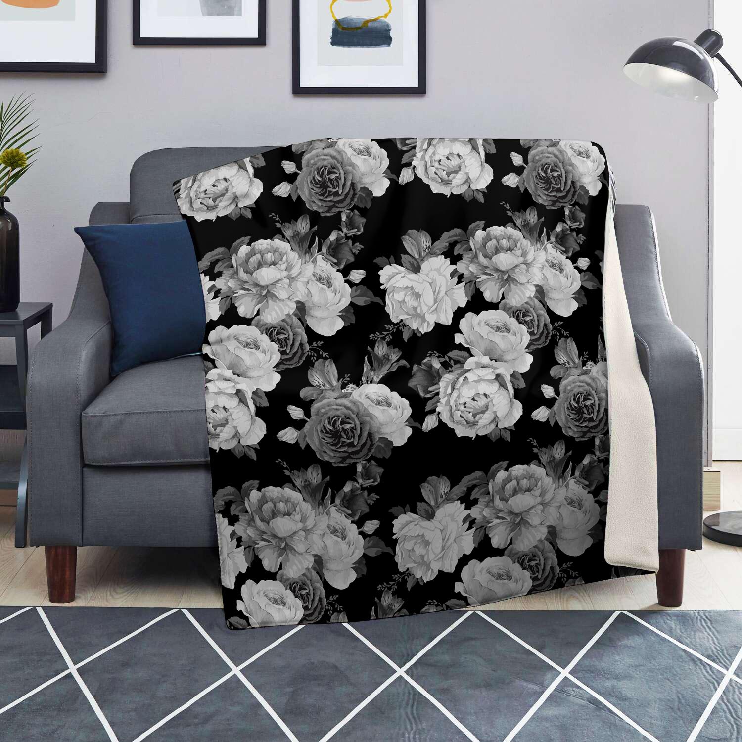 Monochrome Rose Floral Blanket-grizzshop