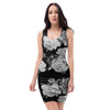 Monochrome Rose Floral Bodycon Dress-grizzshop