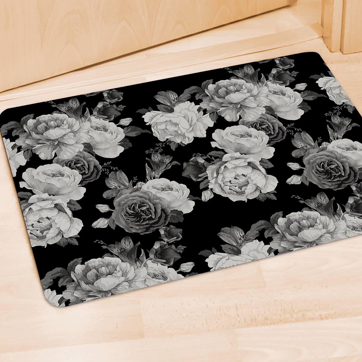 Monochrome Rose Floral Door Mat-grizzshop