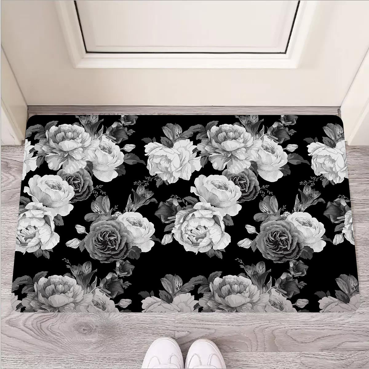 Monochrome Rose Floral Door Mat-grizzshop