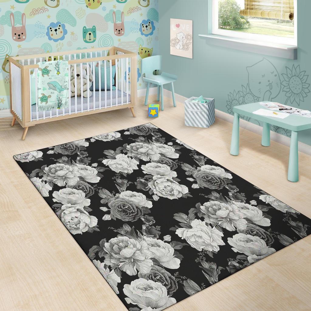 Monochrome Rose Floral Floor Mat-grizzshop