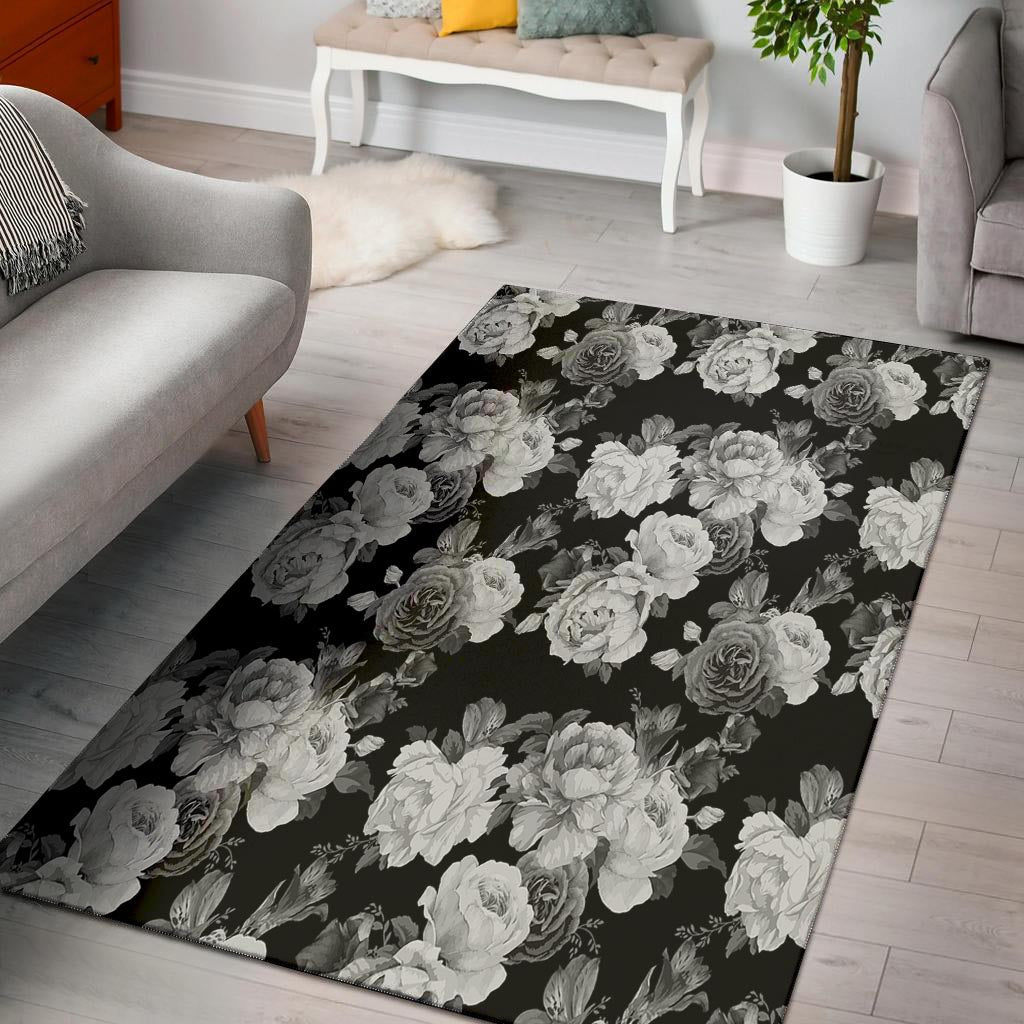 Monochrome Rose Floral Floor Mat-grizzshop