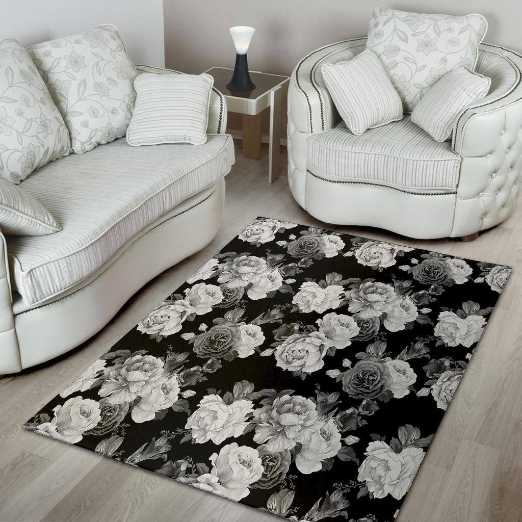 Monochrome Rose Floral Floor Mat-grizzshop