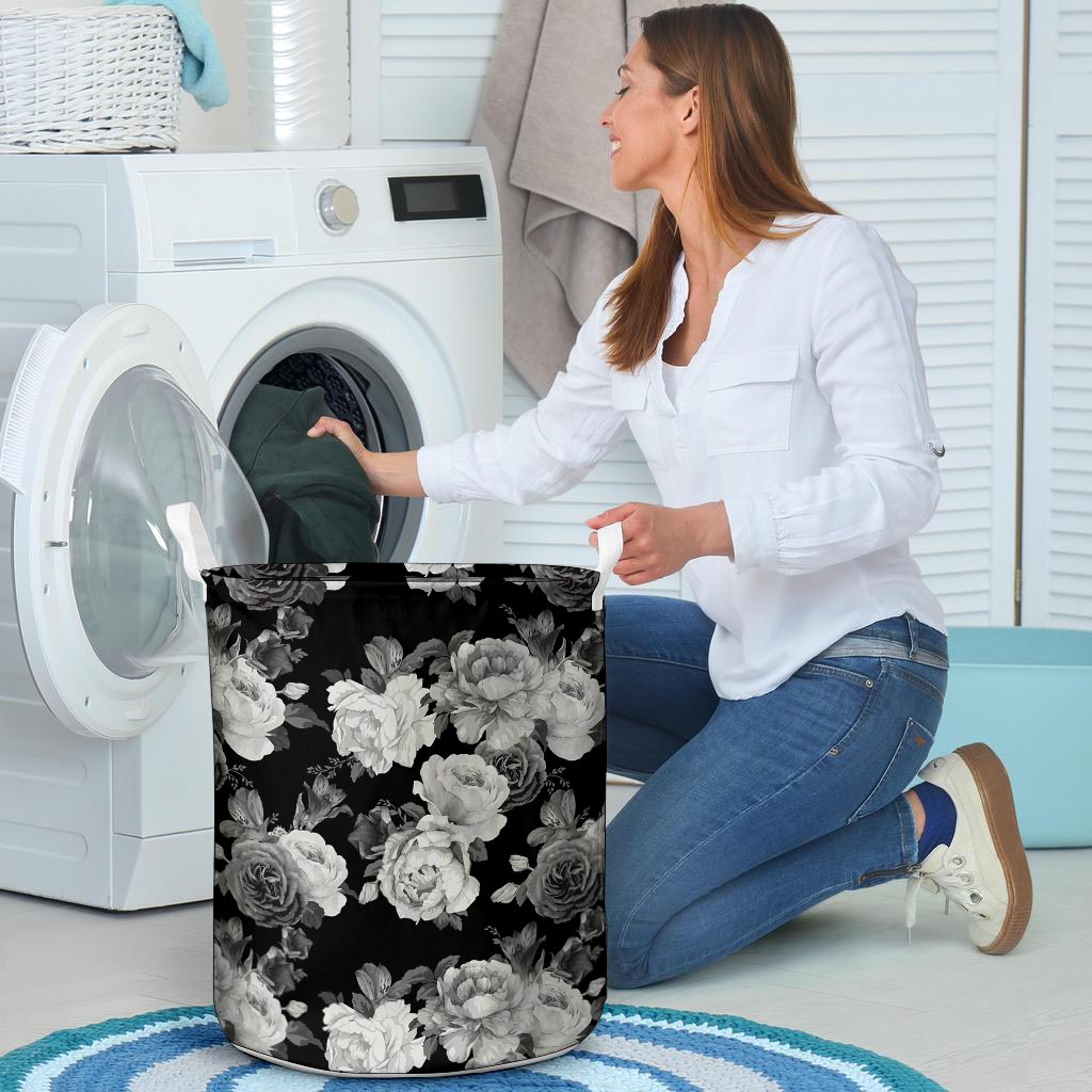 Monochrome Rose Floral Laundry Basket-grizzshop