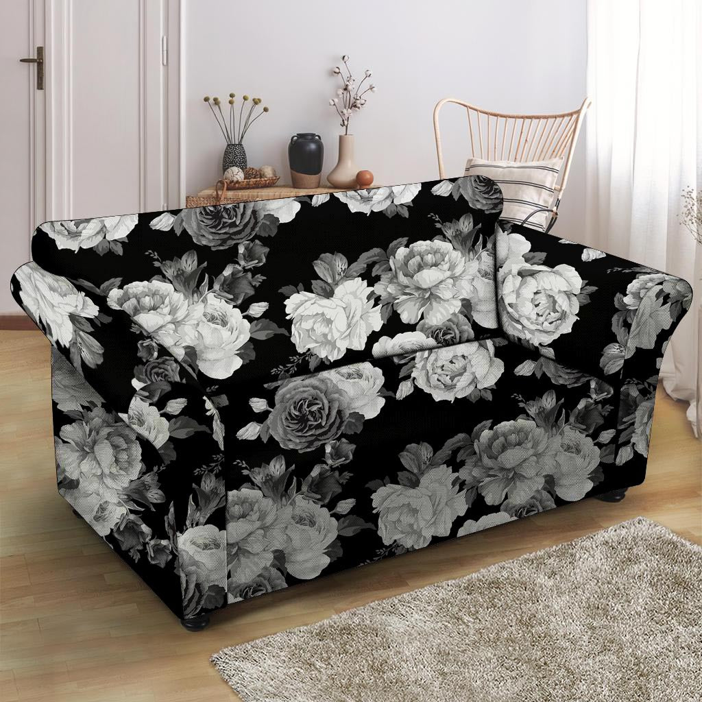 Monochrome Rose Floral Loveseat Cover-grizzshop