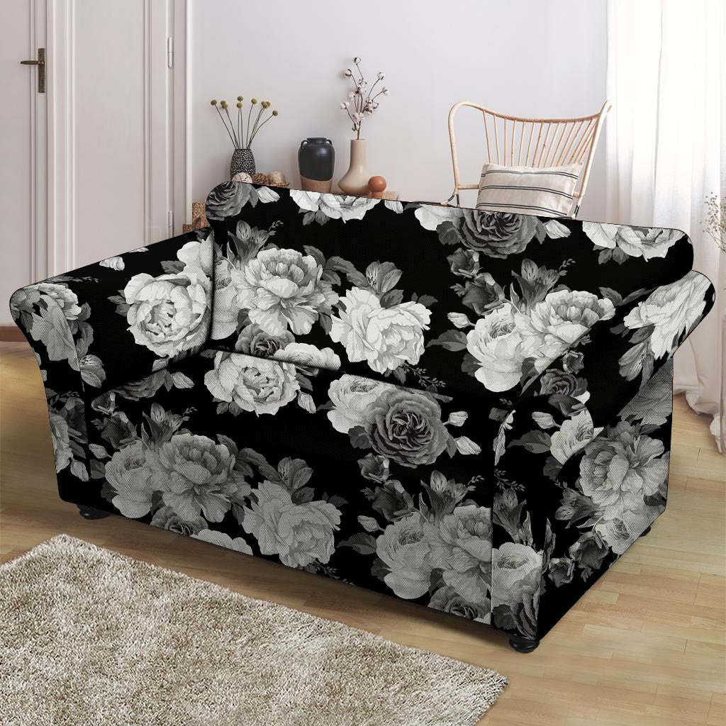 Monochrome Rose Floral Loveseat Cover-grizzshop