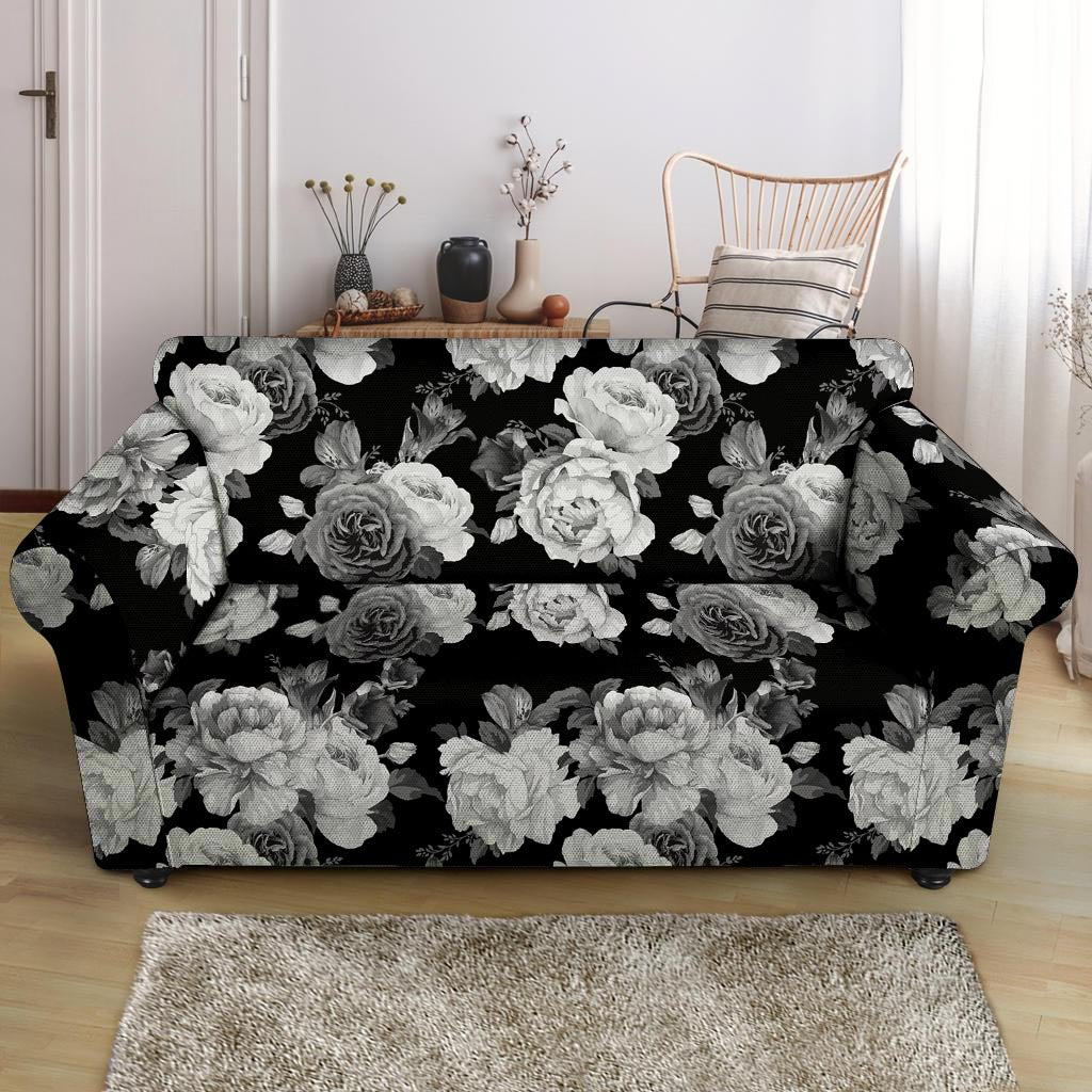 Monochrome Rose Floral Loveseat Cover-grizzshop