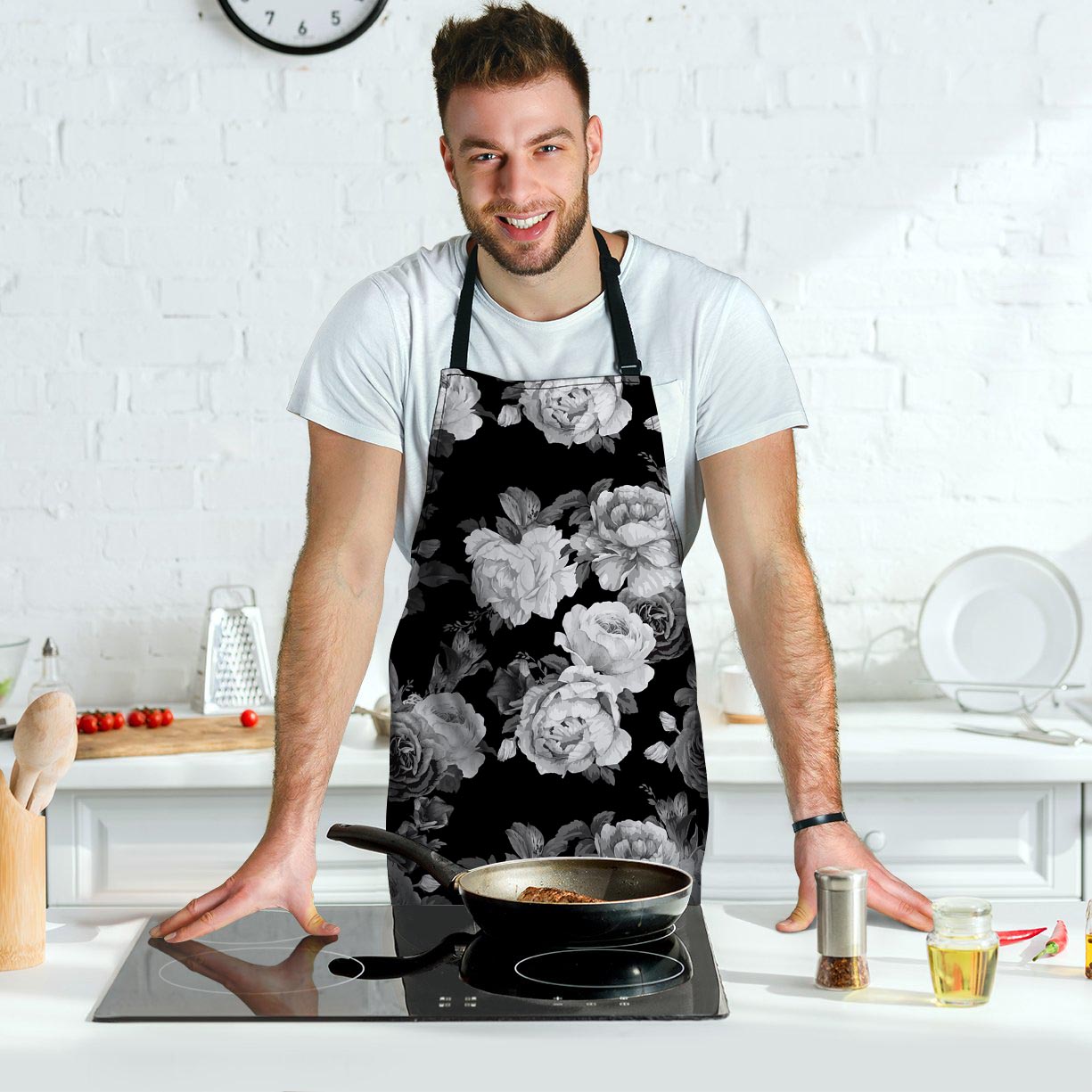 Monochrome Rose Floral Men's Apron-grizzshop