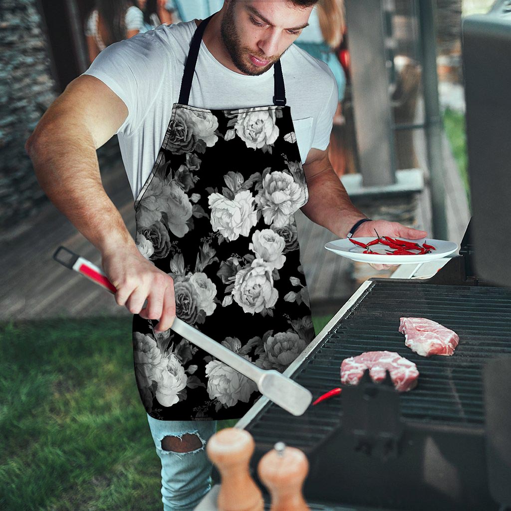 Monochrome Rose Floral Men's Apron-grizzshop