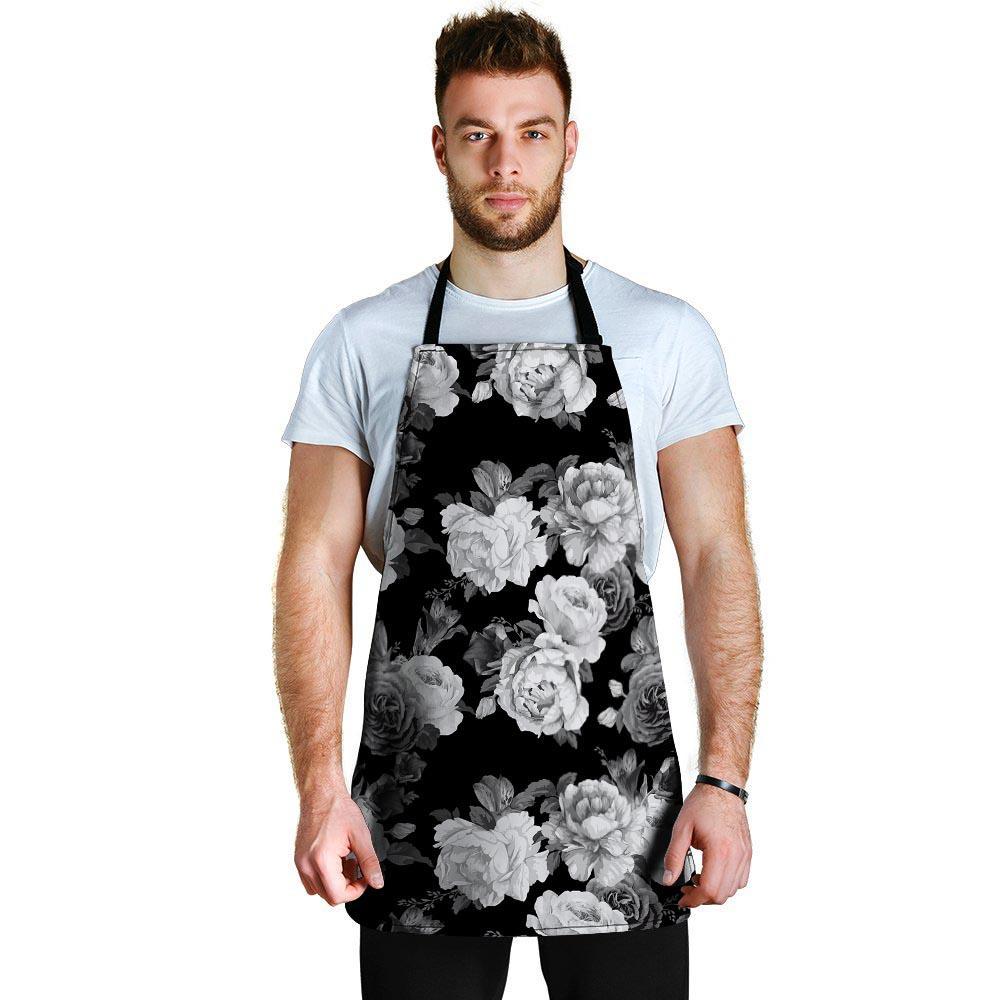 Monochrome Rose Floral Men's Apron-grizzshop