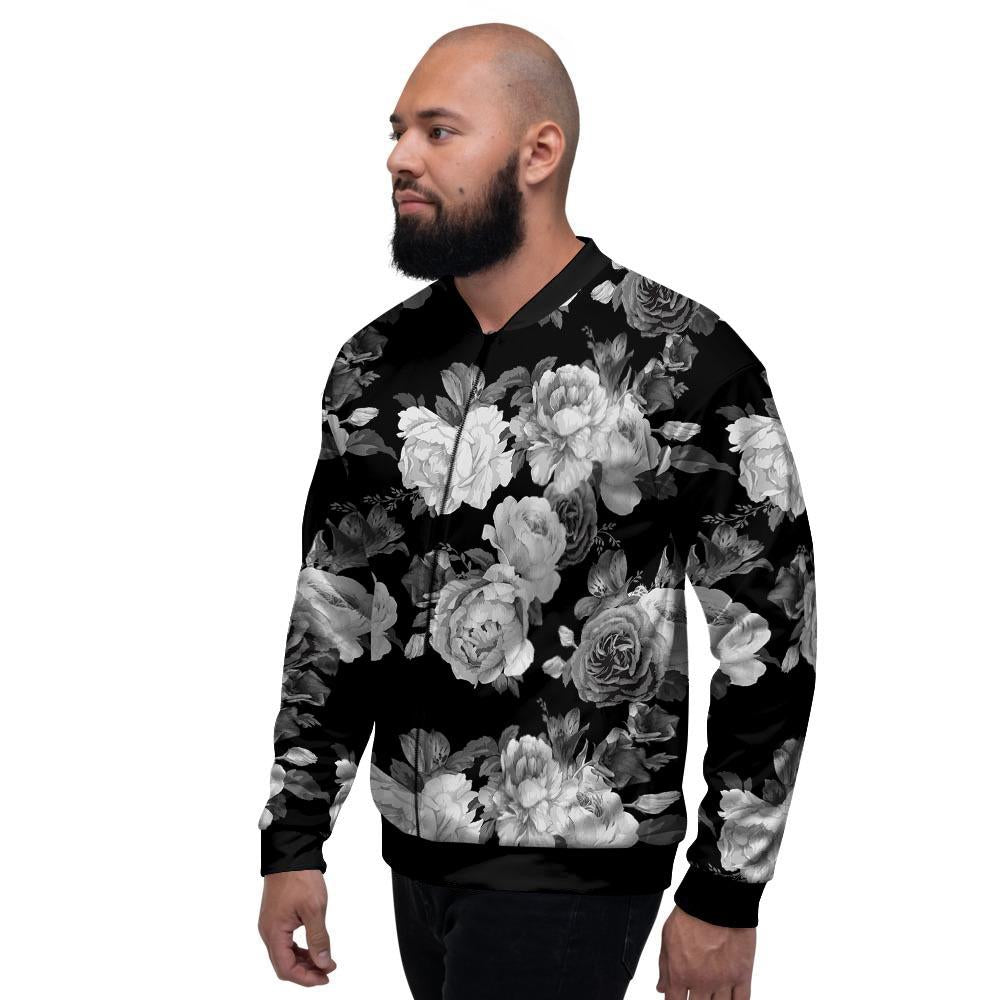 Monochrome Rose Floral Men's Bomber Jacket-grizzshop