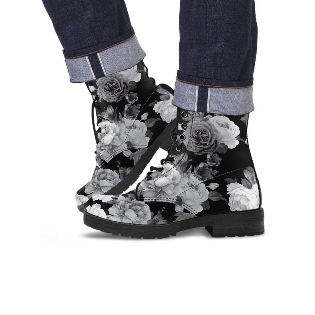 Monochrome Rose Floral Men's Boots-grizzshop