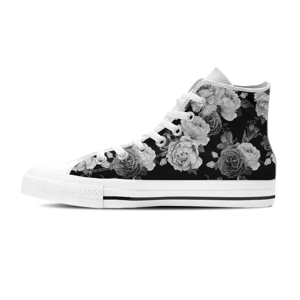 Monochrome Rose Floral Men's High Top Shoes-grizzshop