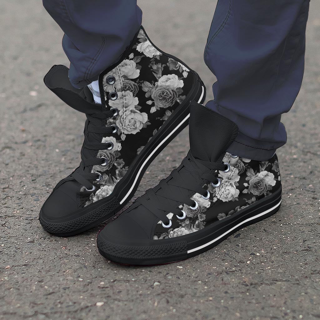 Monochrome Rose Floral Men's High Top Shoes-grizzshop