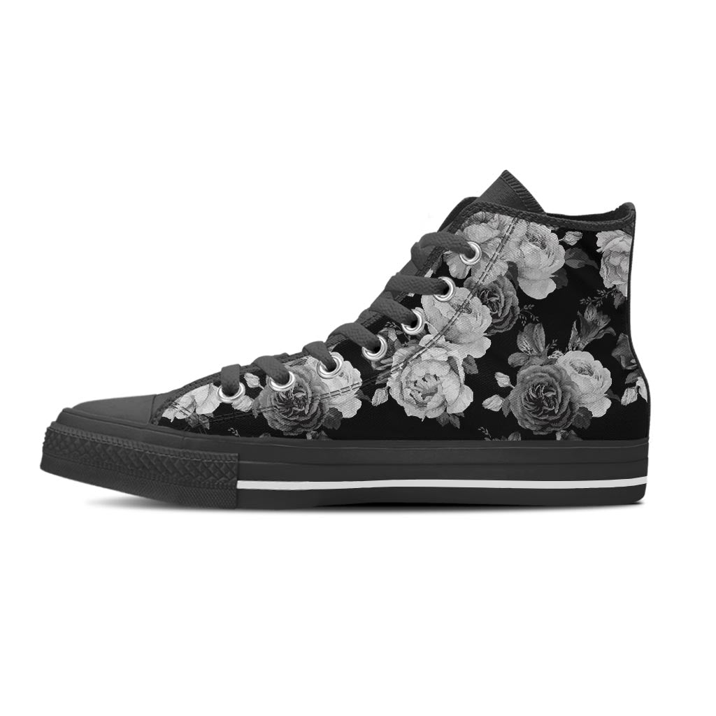 Monochrome Rose Floral Men's High Top Shoes-grizzshop