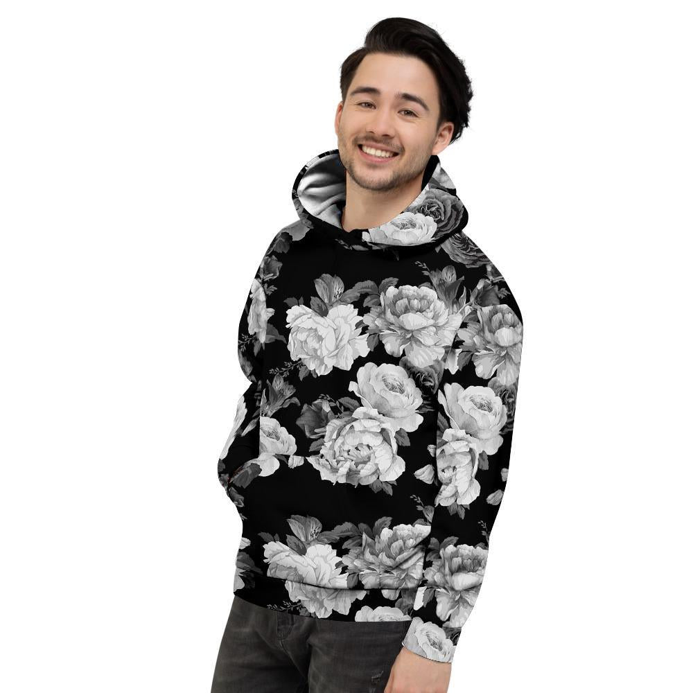 Monochrome Rose Floral Men's Hoodie-grizzshop