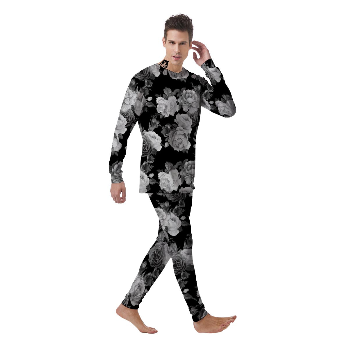 Monochrome Rose Floral Men's Pajamas-grizzshop