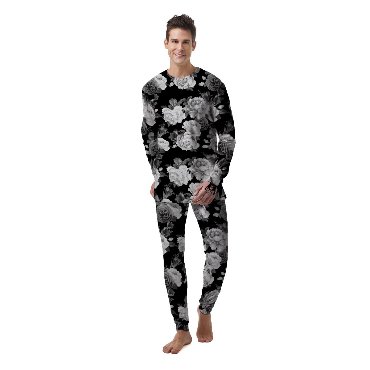 Monochrome Rose Floral Men's Pajamas-grizzshop