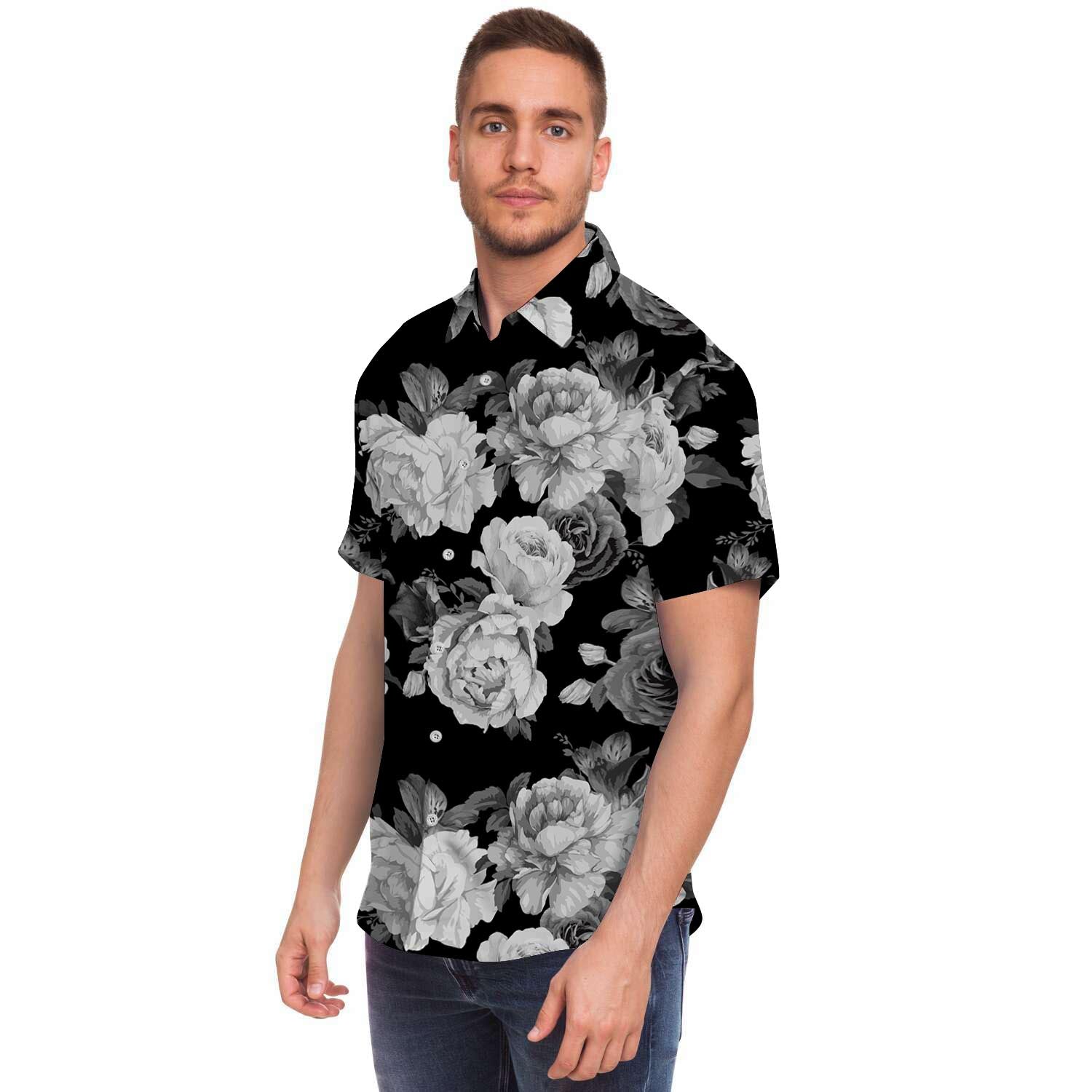Monochrome Rose Floral Men's Short Sleeve Shirt-grizzshop