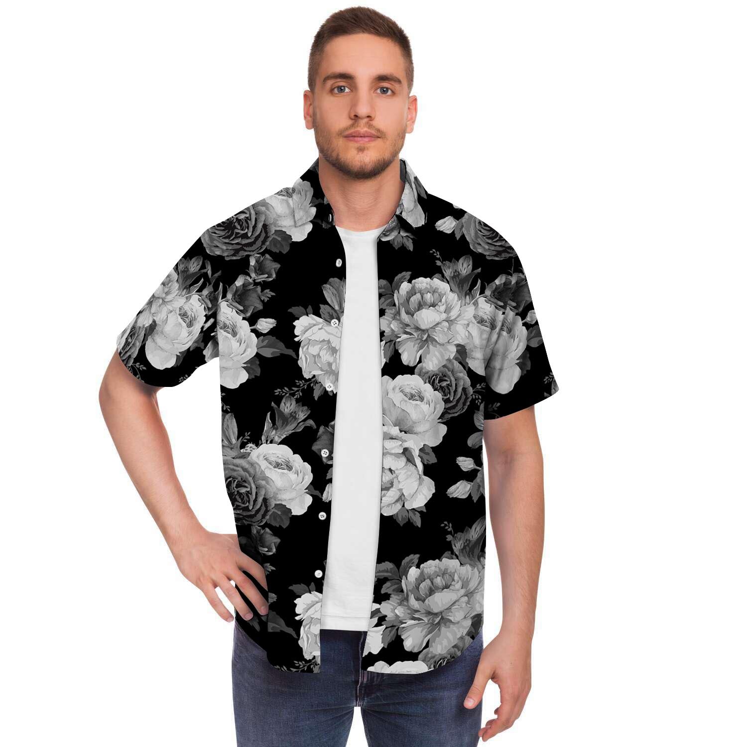 Monochrome Rose Floral Men's Short Sleeve Shirt-grizzshop