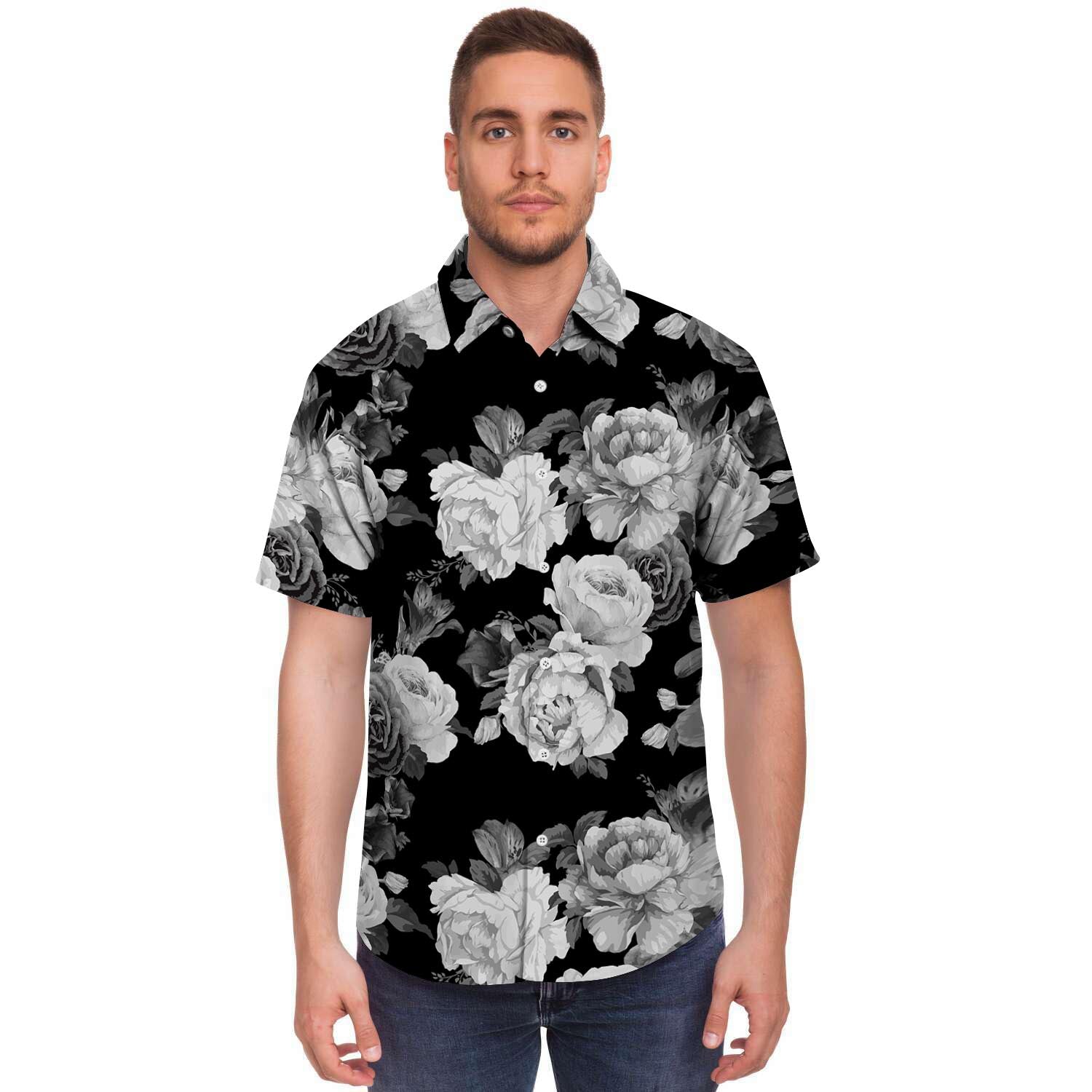 Monochrome Rose Floral Men's Short Sleeve Shirt-grizzshop