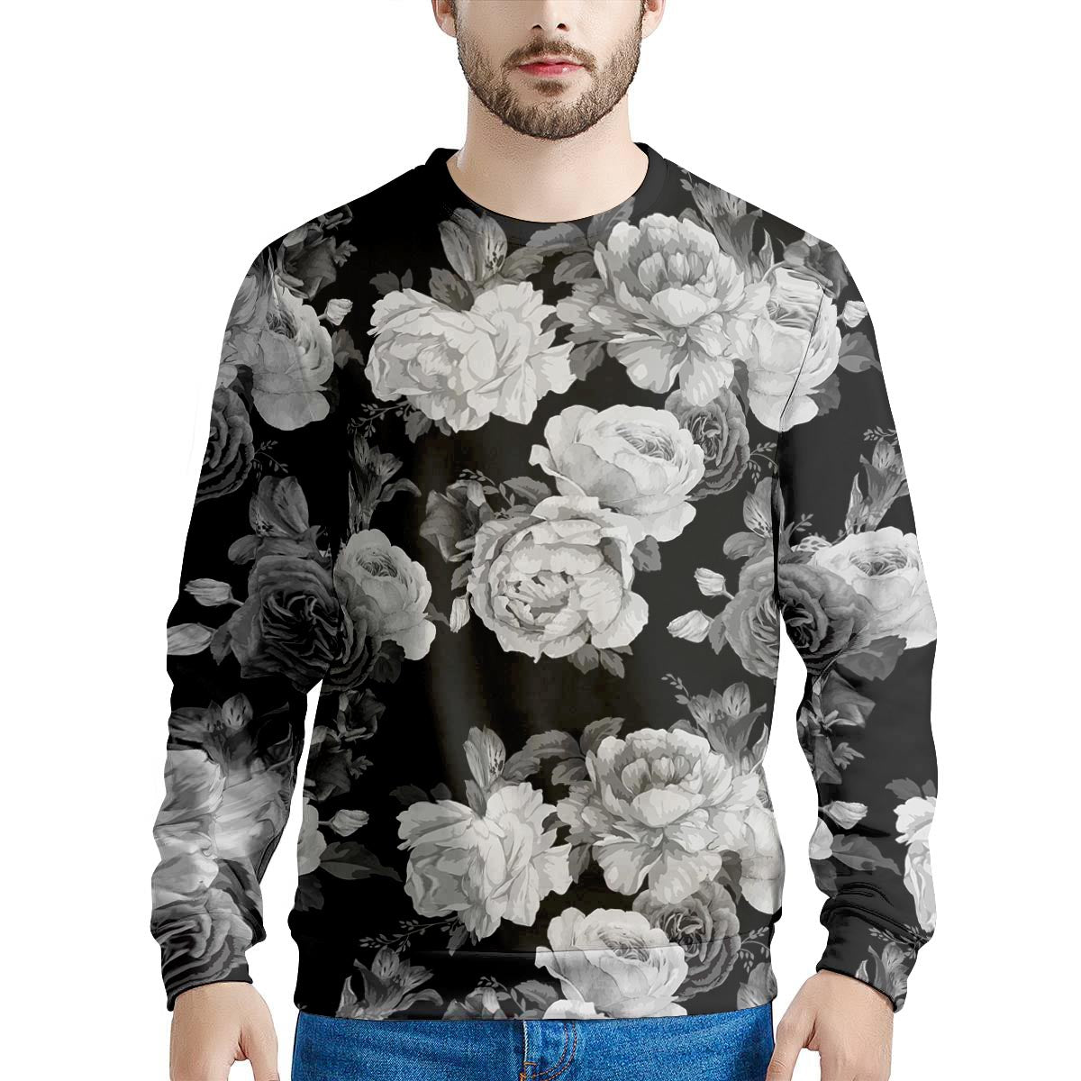 Monochrome Rose Floral Men's Sweatshirt-grizzshop