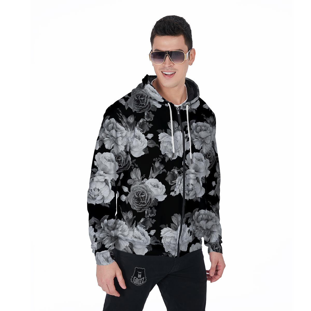 Monochrome Rose Floral Men's Zip Up Hoodie-grizzshop