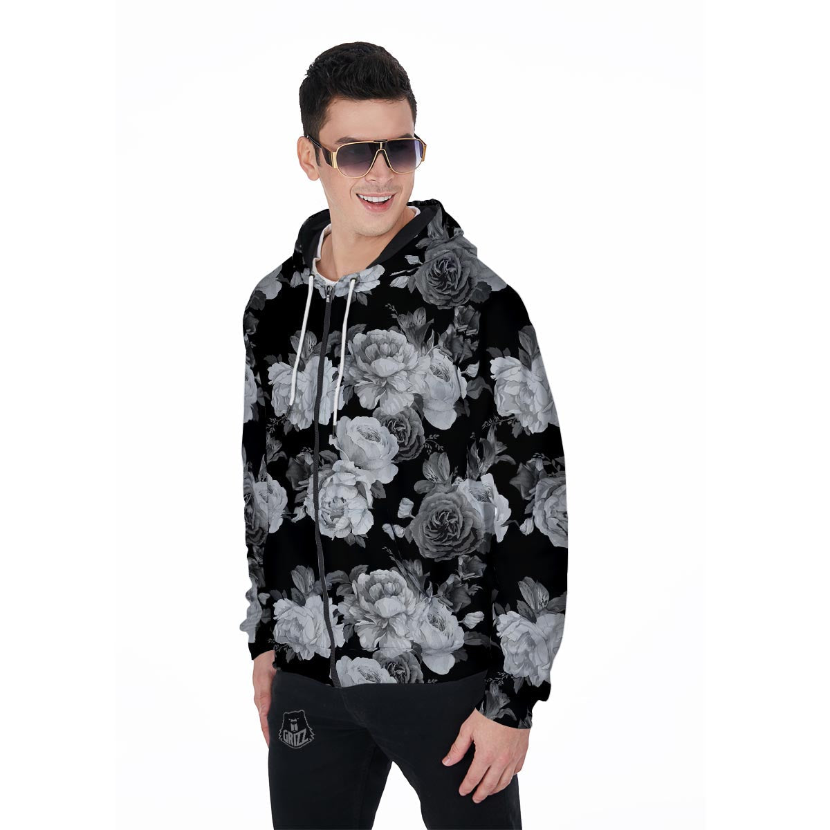 Monochrome Rose Floral Men's Zip Up Hoodie-grizzshop