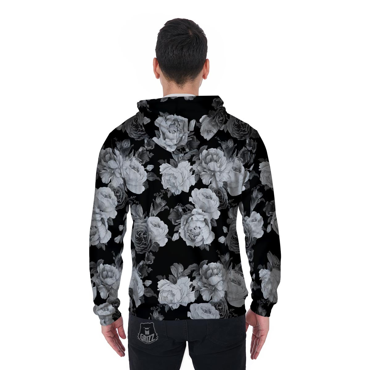 Monochrome Rose Floral Men's Zip Up Hoodie-grizzshop