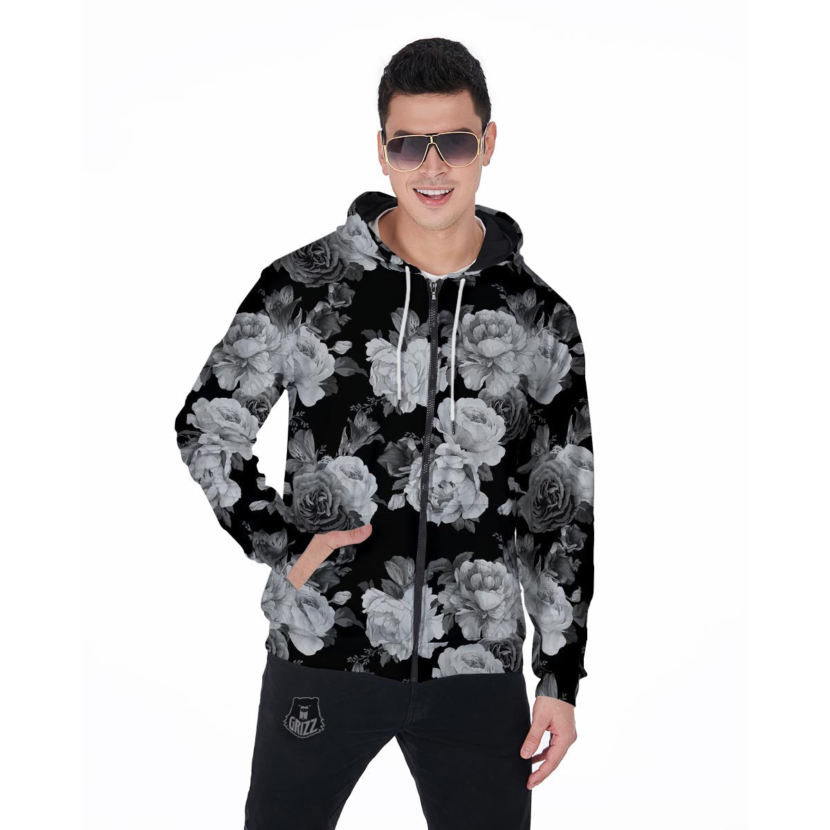 Monochrome Rose Floral Men's Zip Up Hoodie-grizzshop