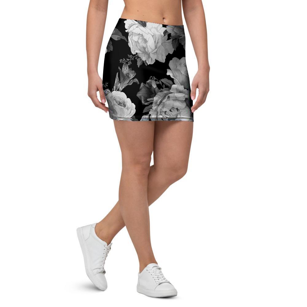 Monochrome Rose Floral Mini Skirt-grizzshop