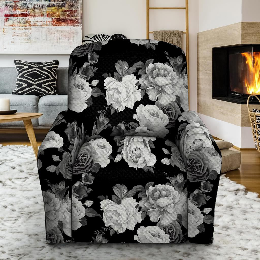 Monochrome Rose Floral Recliner Cover-grizzshop