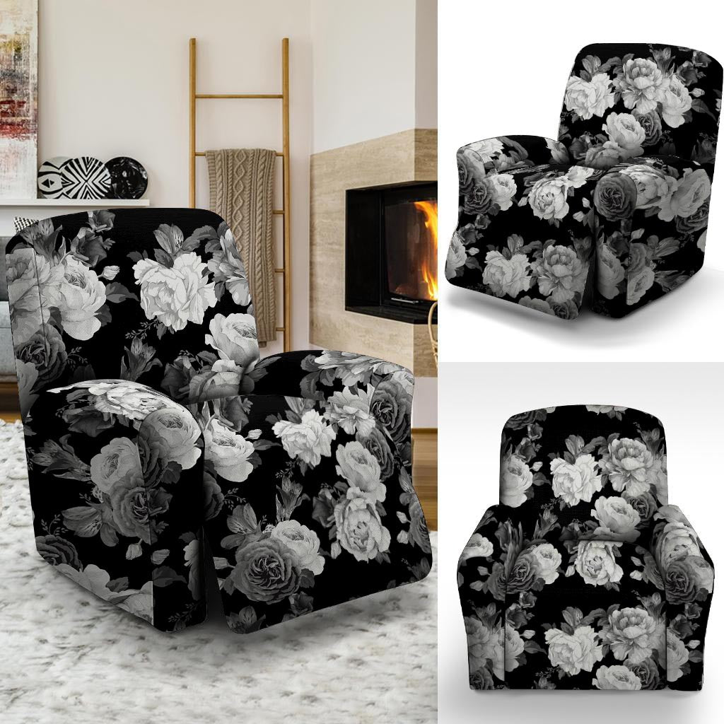 Monochrome Rose Floral Recliner Cover-grizzshop