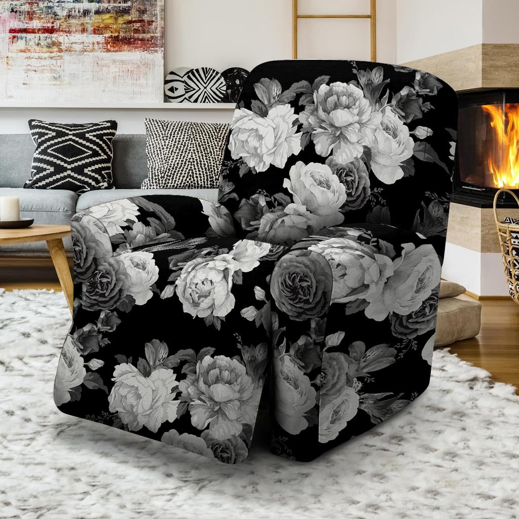 Monochrome Rose Floral Recliner Cover-grizzshop