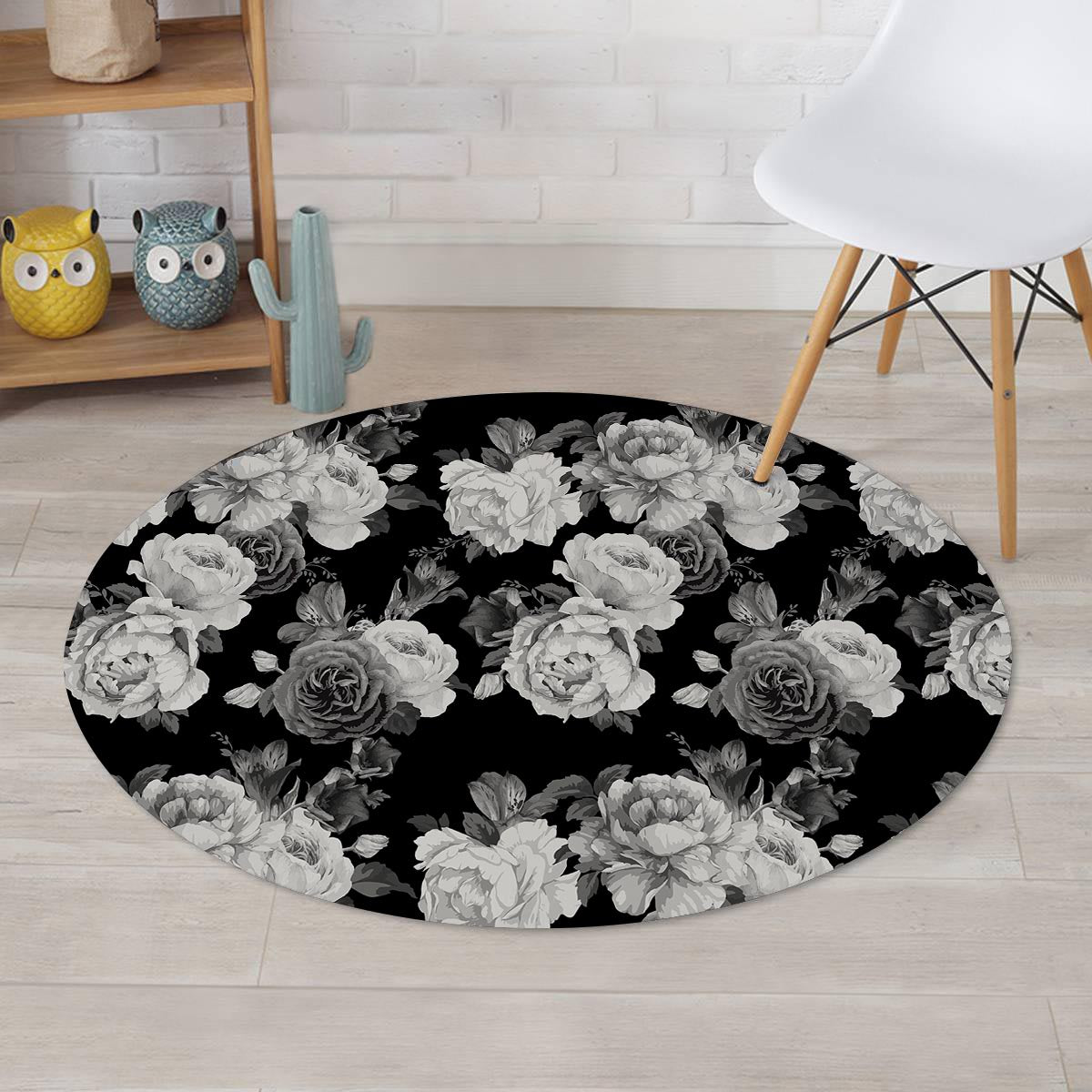 Monochrome Rose Floral Round Rug-grizzshop