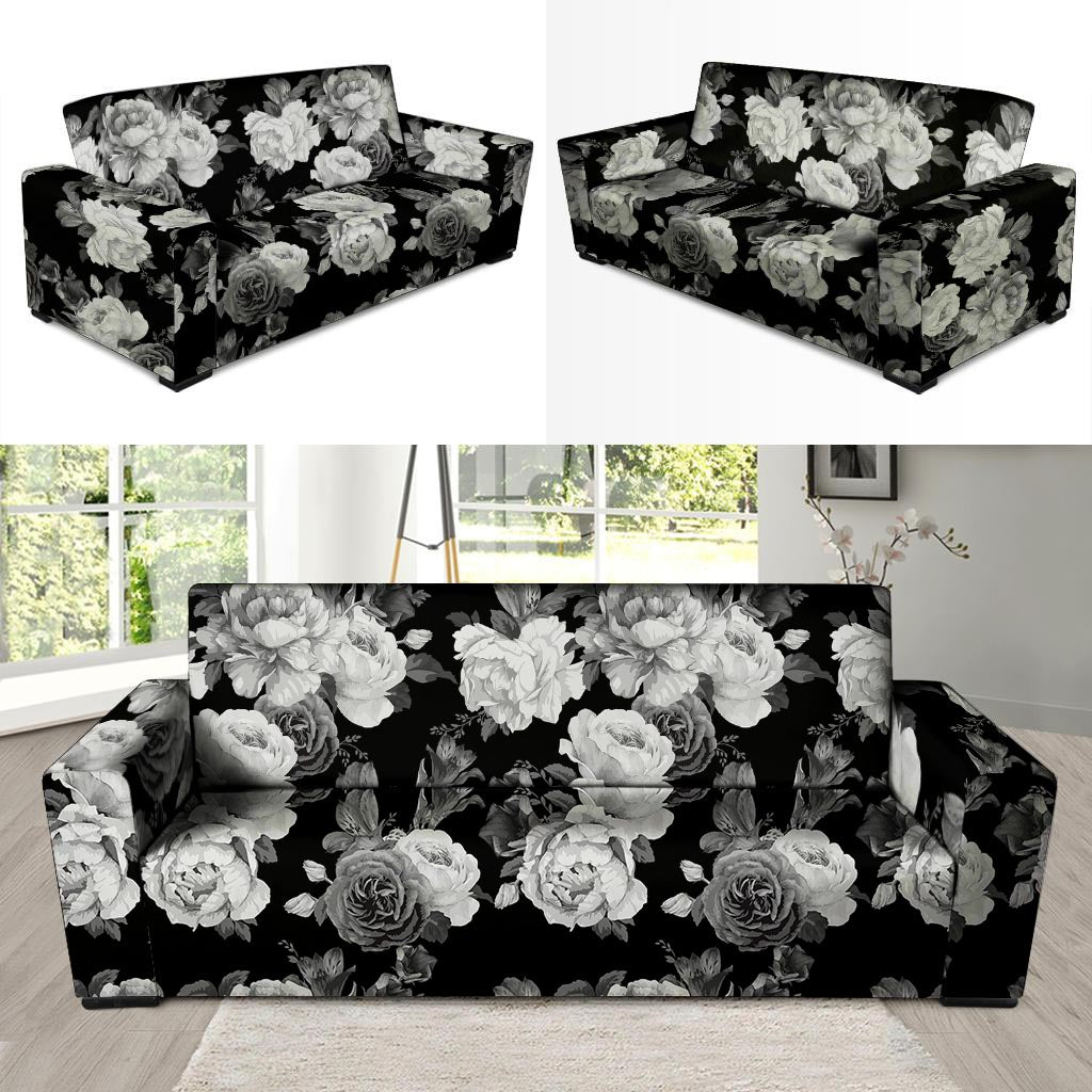 Monochrome Rose Floral Sofa Cover-grizzshop