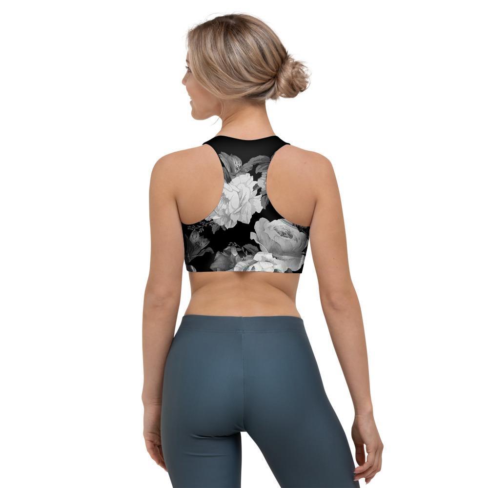 Monochrome Rose Floral Sports Bra-grizzshop