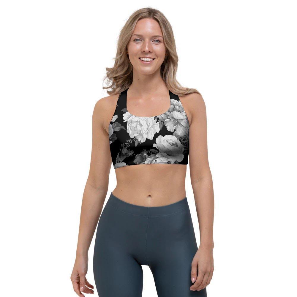 Monochrome Rose Floral Sports Bra-grizzshop