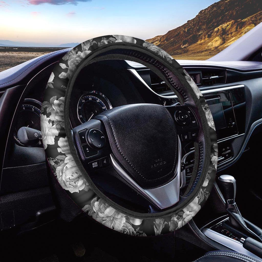 Monochrome Rose Floral Steering Wheel Cover-grizzshop